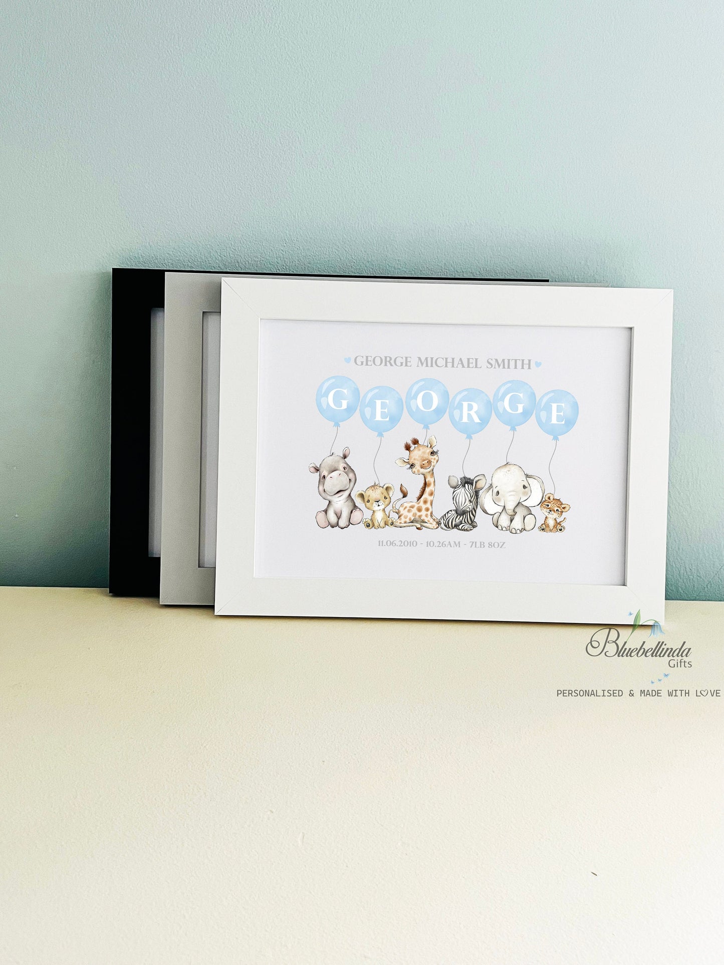 Blue Safari Animal Balloon Picture Print Personalised