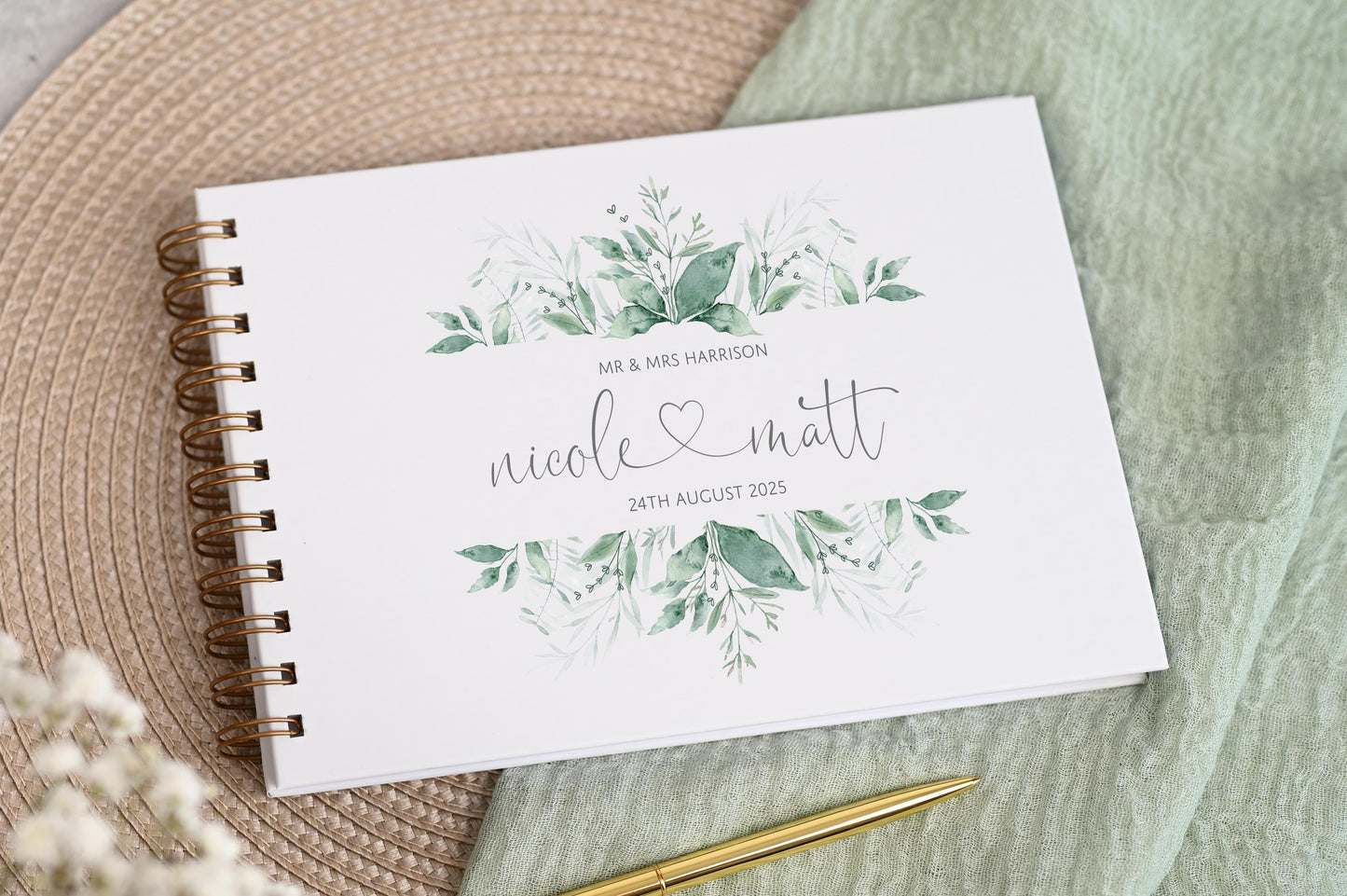 Personalised Wedding Guest Book, High Quality Hand-printed Book, Green leafy leaves greenery Modern Wedding Design, Wedding Photo Album