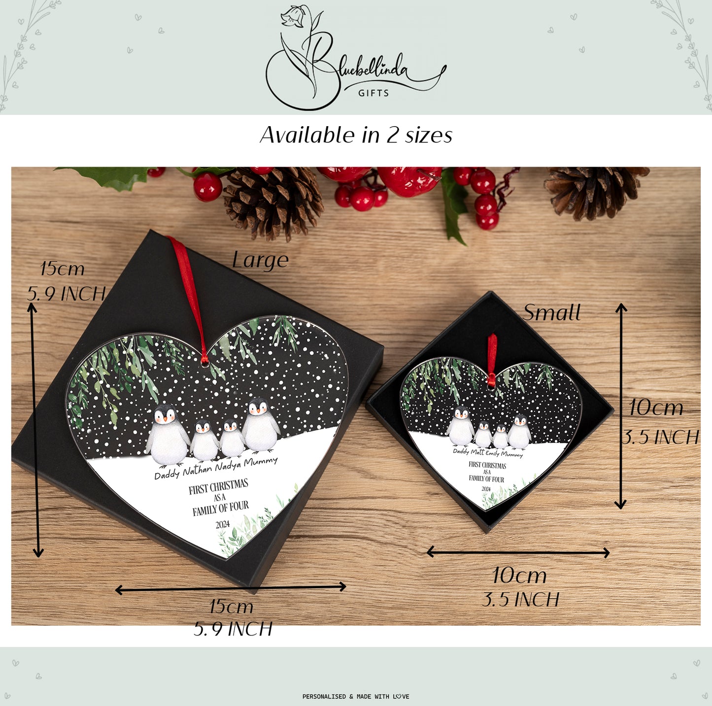 Personalised Penguin Family Hanging Heart Christmas Decoration