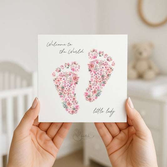 Pink Floral Feet Baby Card