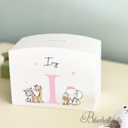 Pink Personalised Solid Wood Luxury Baby Details Baby Elephant Money Box, Baby Money Box Gift, Piggy Bank, Bluebellinda, Bluebellindagifts