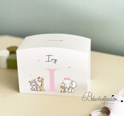 Pink Personalised Solid Wood Luxury Baby Details Baby Elephant Money Box, Baby Money Box Gift, Piggy Bank, Bluebellinda, Bluebellindagifts