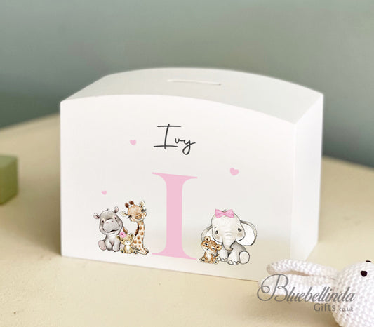Pink Personalised Solid Wood Luxury Baby Details Baby Elephant Money Box, Baby Money Box Gift, Piggy Bank, Bluebellinda, Bluebellindagifts