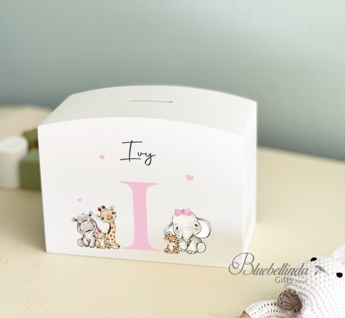 Pink Personalised Solid Wood Luxury Baby Details Baby Elephant Money Box, Baby Money Box Gift, Piggy Bank, Bluebellinda, Bluebellindagifts