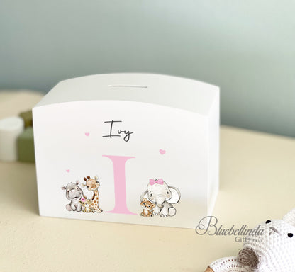 Pink Personalised Solid Wood Luxury Baby Details Baby Elephant Money Box, Baby Money Box Gift, Piggy Bank, Bluebellinda, Bluebellindagifts