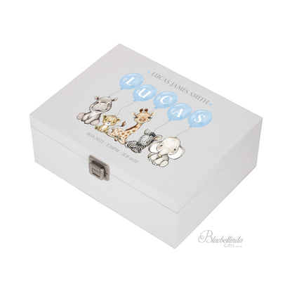 Baby Keepsake Box Blue Green Pink - Personalised Safari White Wooden Keepsake Box - keepsake box - newborn keepsake box bluebellindagifts
