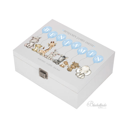 Baby Keepsake Box Blue Green Pink - Personalised Safari White Wooden Keepsake Box - keepsake box - newborn keepsake box bluebellindagifts