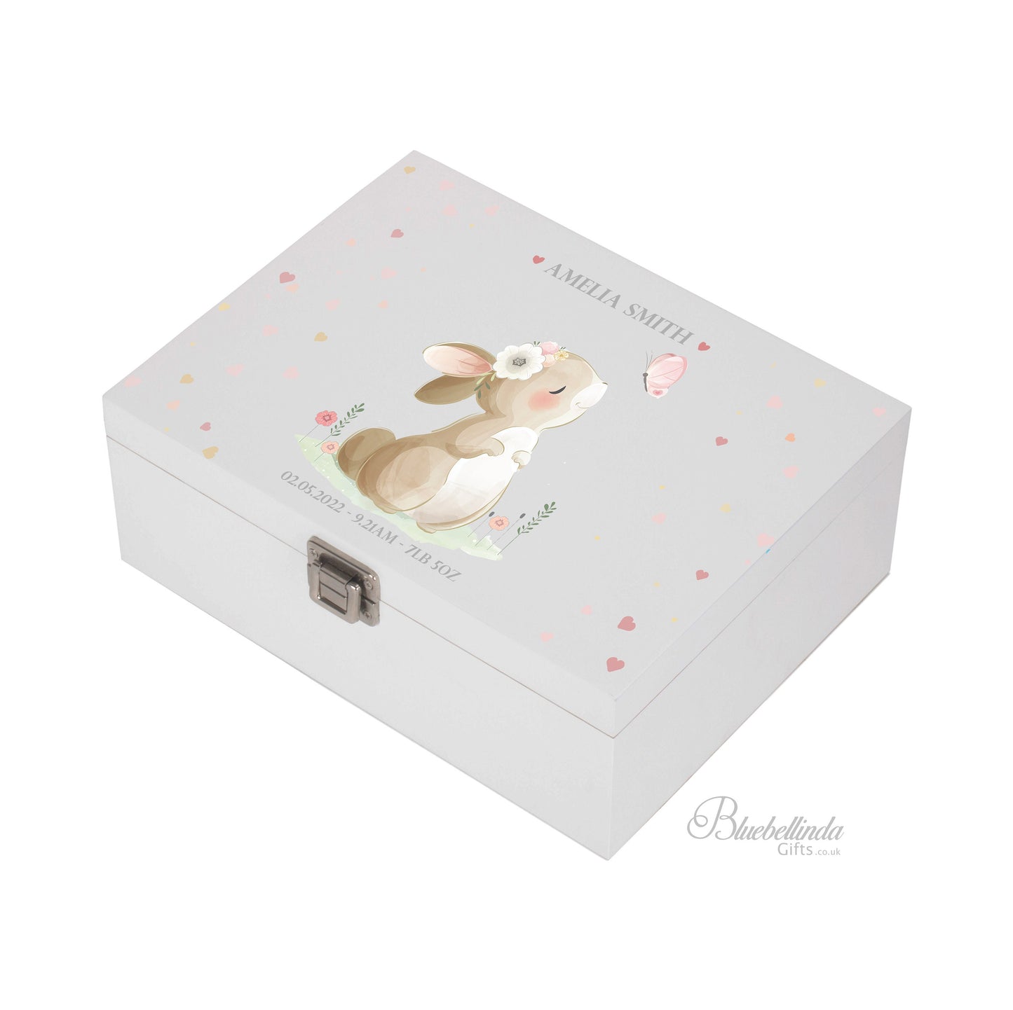 Baby Keepsake Box Pink - Personalised Cute Pink Bunny Rabbit White Wooden Keepsake Box - keepsake box newborn  bluebellindagifts