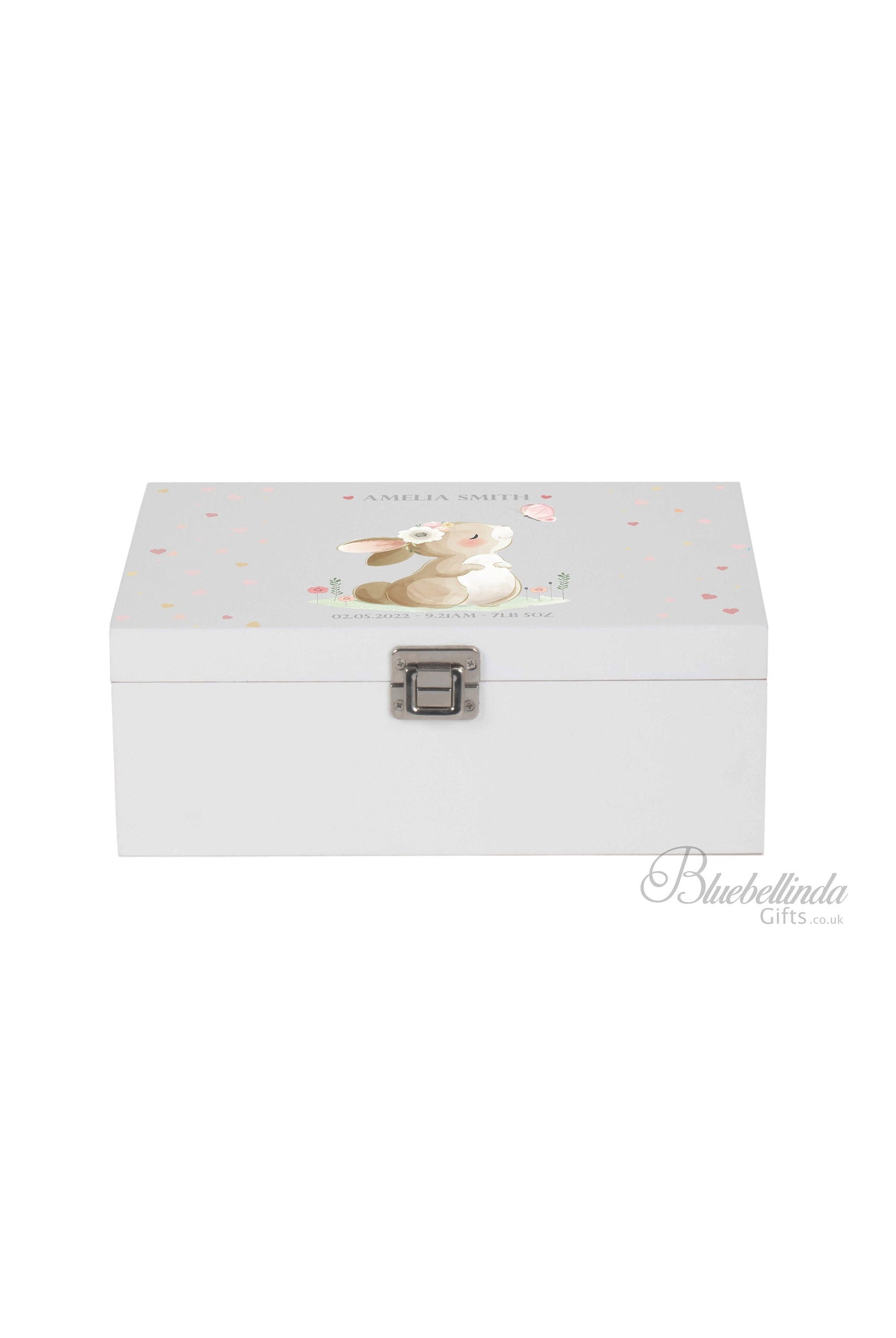 Baby Keepsake Box Pink - Personalised Cute Pink Bunny Rabbit White Wooden Keepsake Box - keepsake box newborn  bluebellindagifts