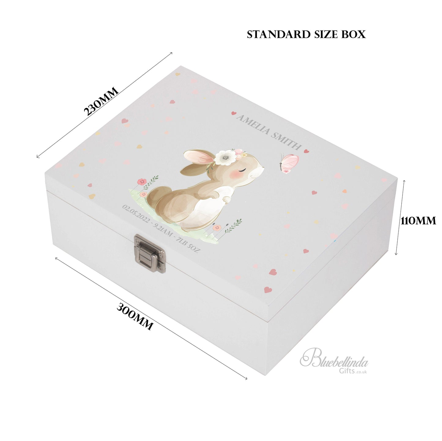Baby Keepsake Box Pink - Personalised Cute Pink Bunny Rabbit White Wooden Keepsake Box - keepsake box newborn  bluebellindagifts
