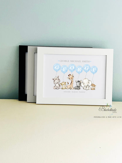 Blue Safari Animal Balloon Picture Print Personalised
