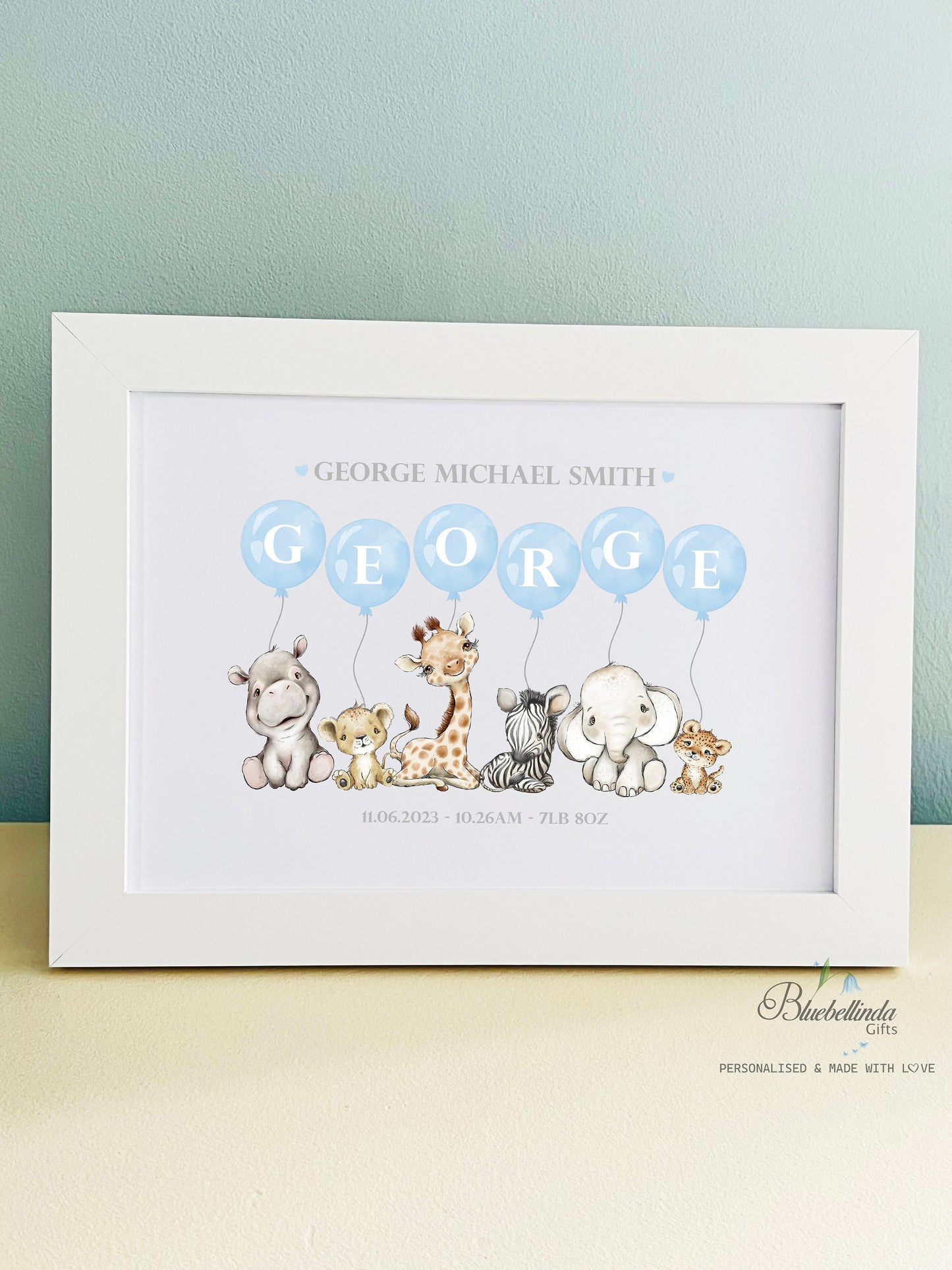 Blue Safari Animal Balloon Picture Print Personalised