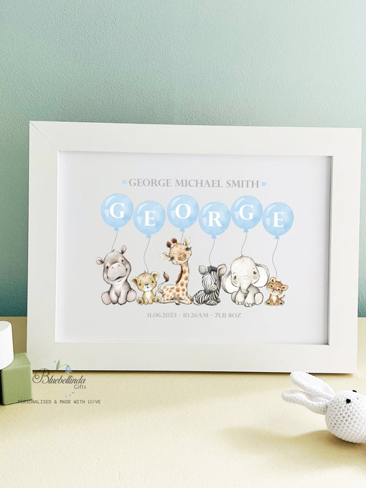 Personalised Baby Gift - Personalised Baby Print Blue Safari Animal Balloon Picture White Frame Print - New-born Keepsake