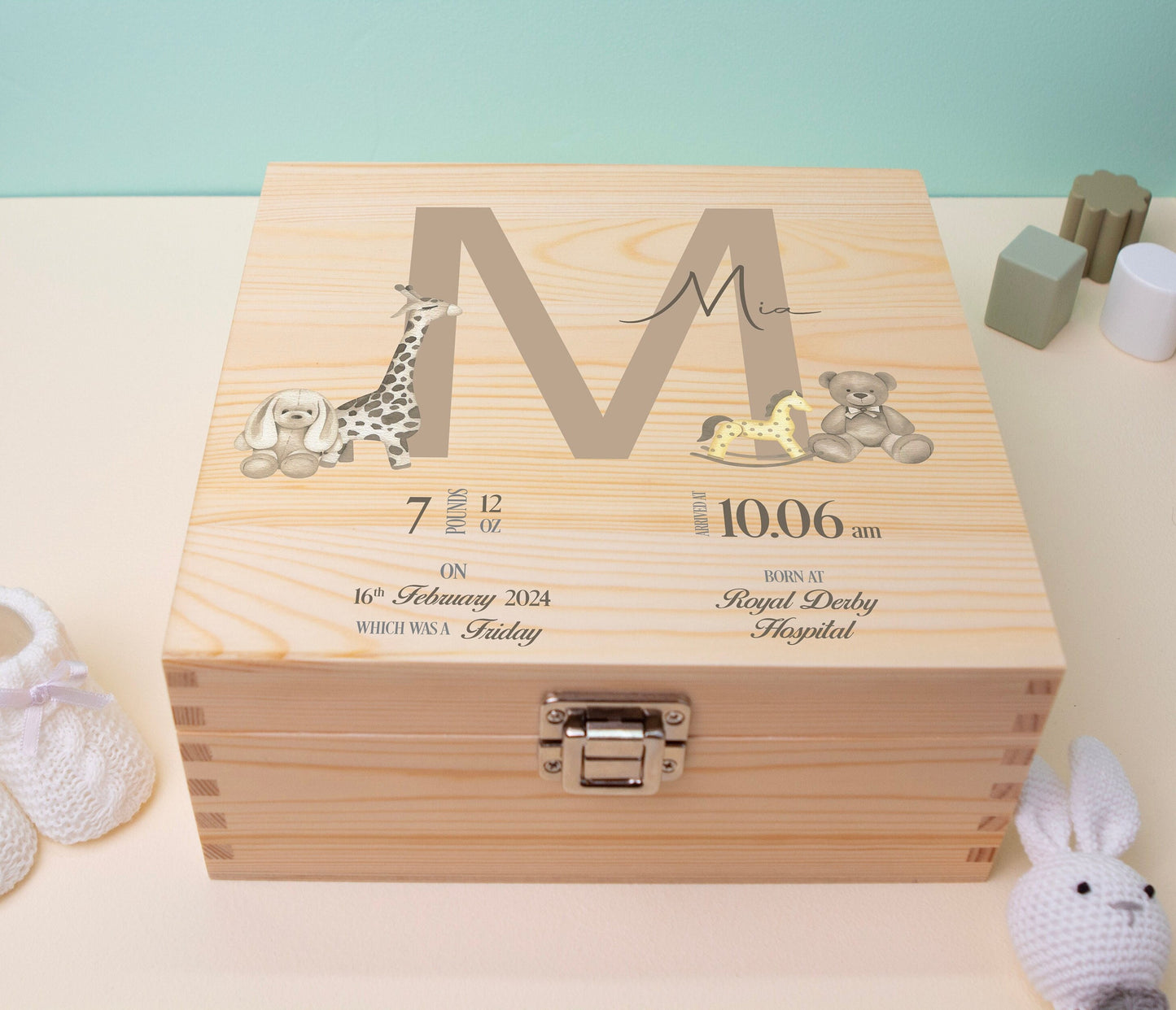 Luxury Baby Keepsake Box Brown - Personalised Brown Initial Animals White Wooden Keepsake Box Teddy Bear - Newborn Keepsake Box Bluebellinda