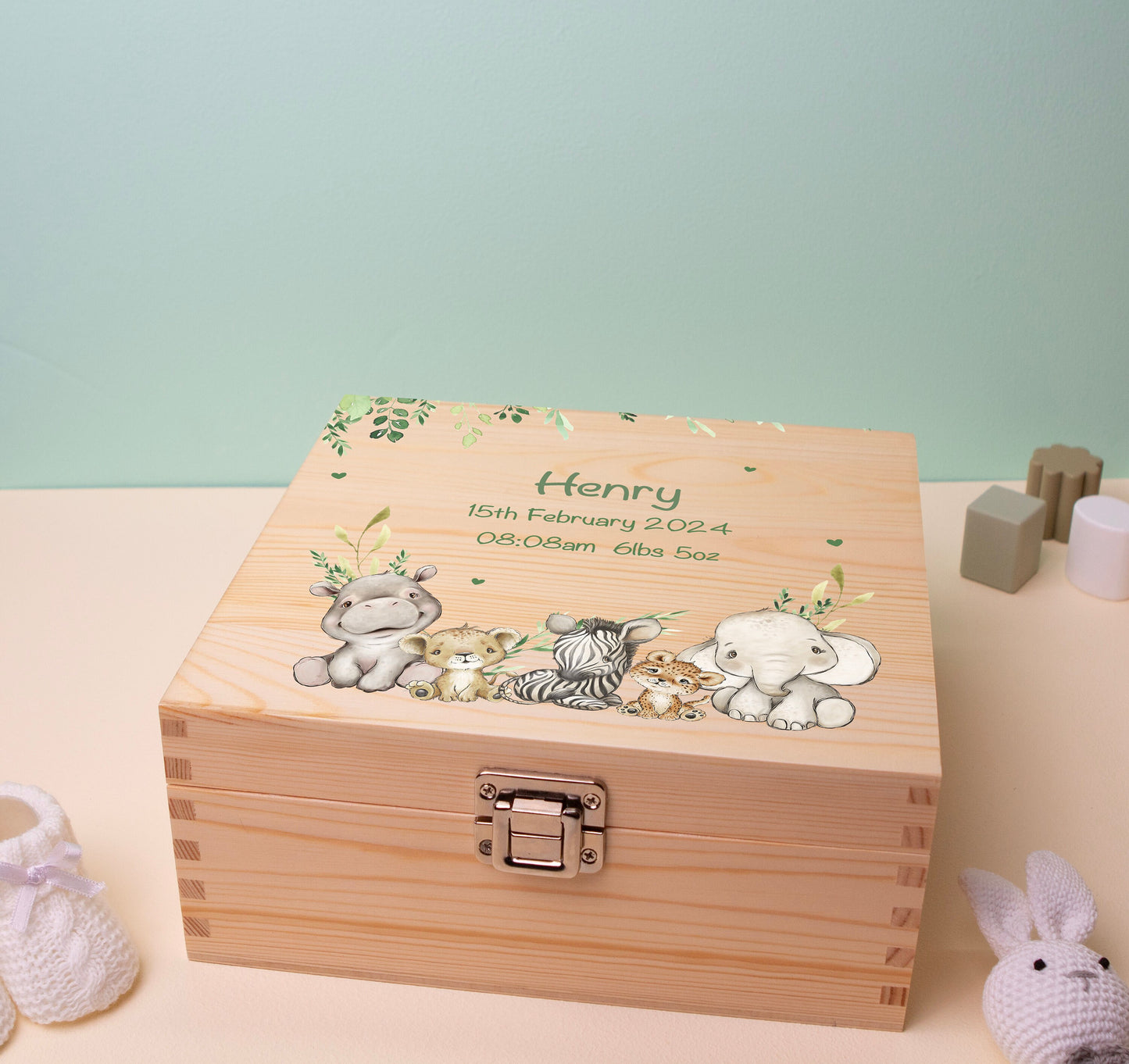 3 Luxury Baby Keepsake Box Green - Personalised Green Safari Leaves Animals White Wooden Keepsake Box - newborn keepsake box Bluebellinda