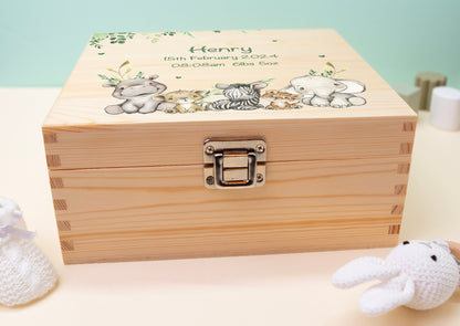 3 Luxury Baby Keepsake Box Green - Personalised Green Safari Leaves Animals White Wooden Keepsake Box - newborn keepsake box Bluebellinda