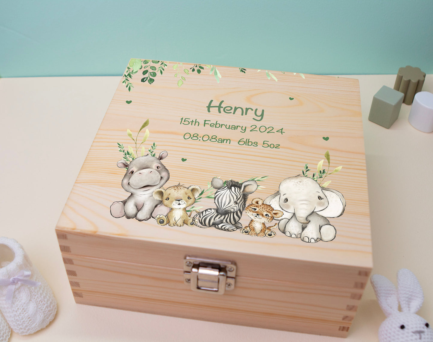 3 Luxury Baby Keepsake Box Green - Personalised Green Safari Leaves Animals White Wooden Keepsake Box - newborn keepsake box Bluebellinda