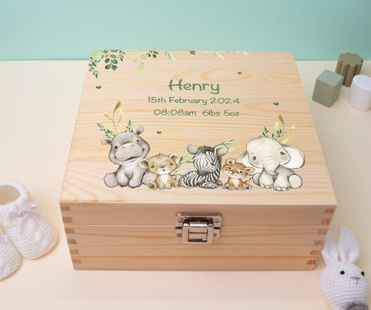 3 Luxury Baby Keepsake Box Green - Personalised Green Safari Leaves Animals White Wooden Keepsake Box - newborn keepsake box Bluebellinda