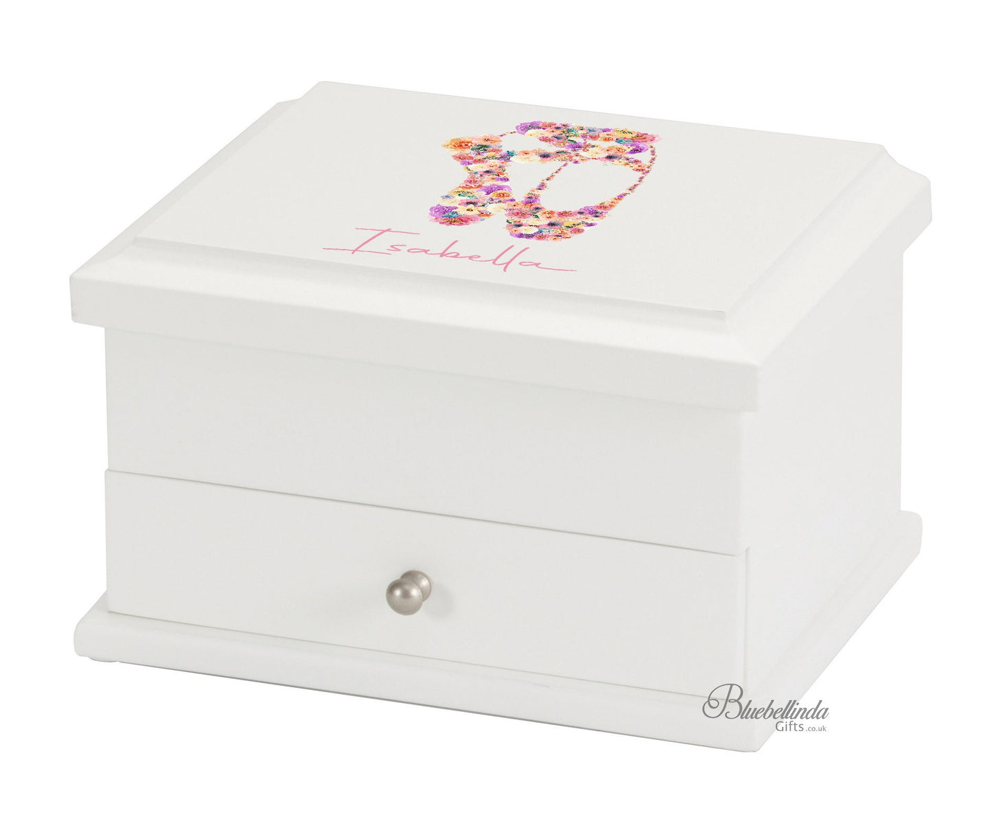 Luxury Personalised Floral Ballet Shoes jewelry / Jewellery Box White, baptism gift,christening gift,girls jewelry box, dance, Bluebellinda