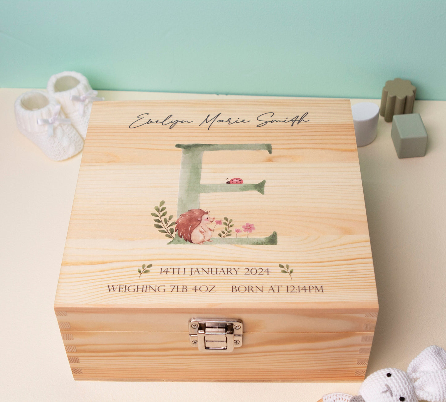 Luxury Baby Keepsake Box Green - Personalised Green Initial Woodland Animals White Wooden Keepsake Box - newborn keepsake box Bluebellinda 2