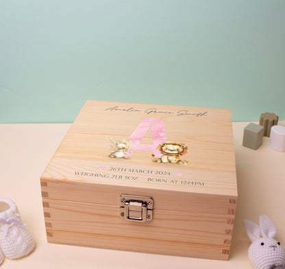 Luxury Baby Keepsake Box Pink - Personalised Pink Initial Safari Animals White Wooden Keepsake Box, Duck, New-born Baby