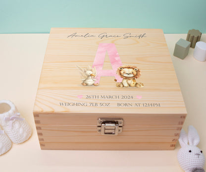 Luxury Baby Keepsake Box Pink - Personalised Pink Initial Safari Animals White Wooden Keepsake Box, Duck, New-born Baby