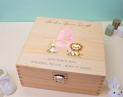 Luxury Baby Keepsake Box Pink - Personalised Pink Initial Safari Animals White Wooden Keepsake Box, Duck, New-born Baby