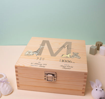 Luxury Baby Keepsake Box Brown - Personalised Brown Initial Animals White Wooden Keepsake Box Teddy Bear - Newborn Keepsake Box Bluebellinda