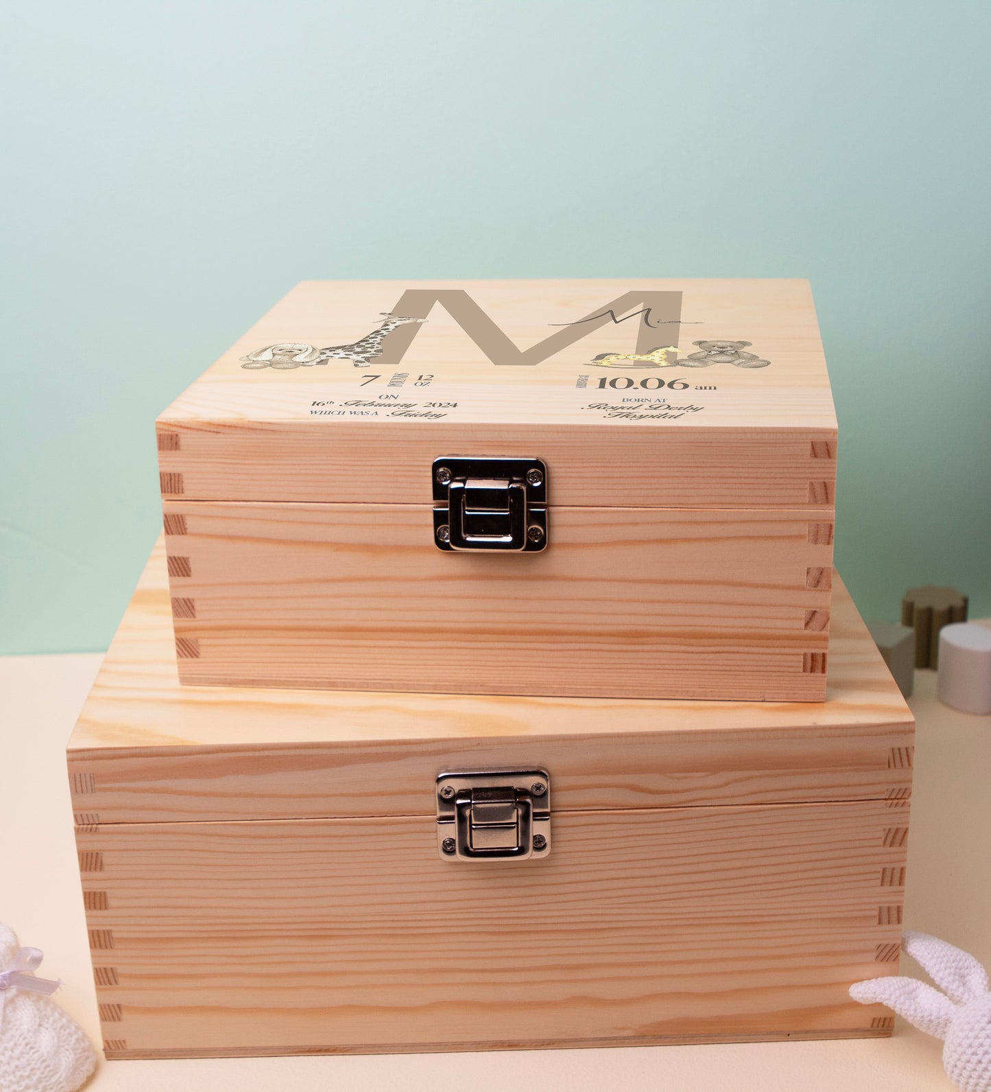 Luxury Baby Keepsake Box Brown - Personalised Brown Initial Animals White Wooden Keepsake Box Teddy Bear - Newborn Keepsake Box Bluebellinda