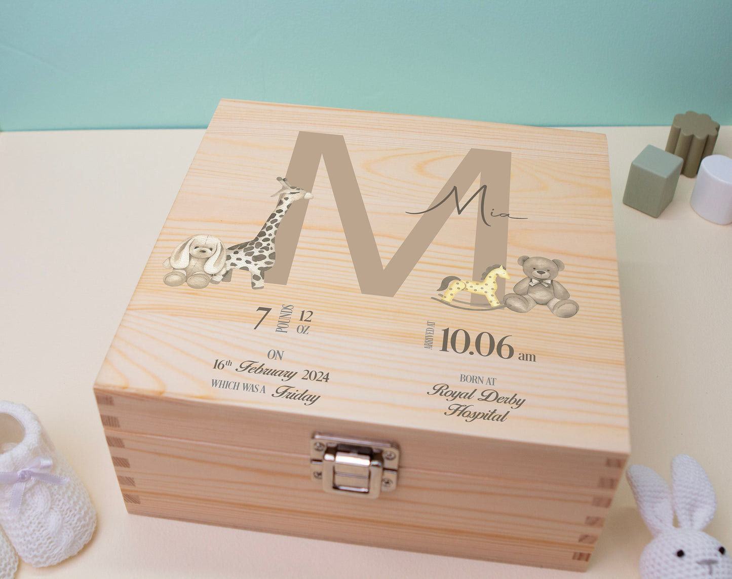Luxury Baby Keepsake Box Brown - Personalised Brown Initial Animals White Wooden Keepsake Box Teddy Bear - Newborn Keepsake Box Bluebellinda