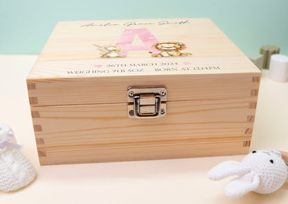 Luxury Baby Keepsake Box Pink - Personalised Pink Initial Safari Animals White Wooden Keepsake Box, Duck, New-born Baby