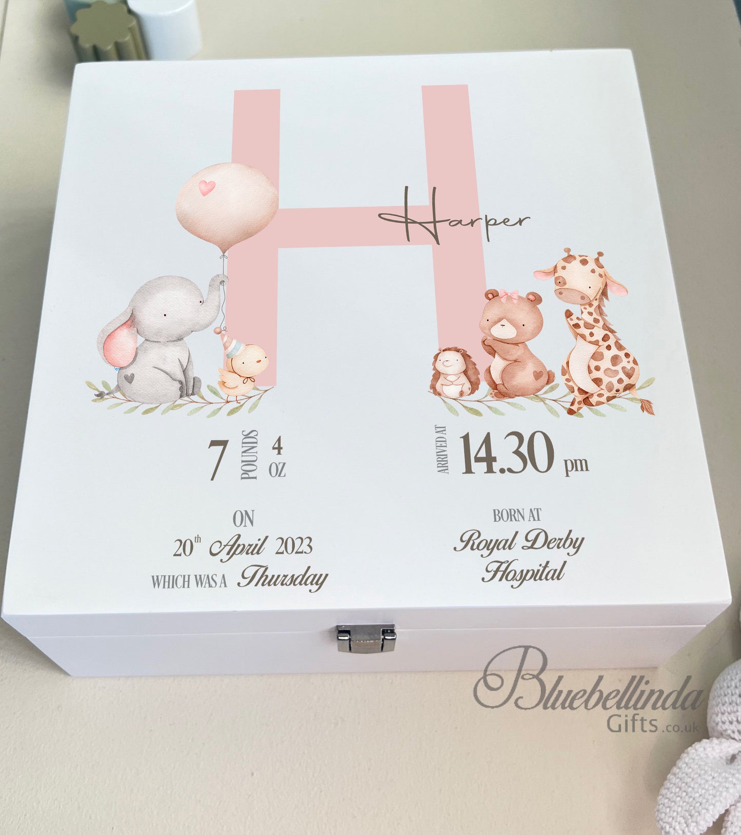 Luxury Personalised Baby Keepsake Memory Box, pink animal friends Design, Baby box, Wooden Box,   Birth Stats, Bluebellinda Gifts