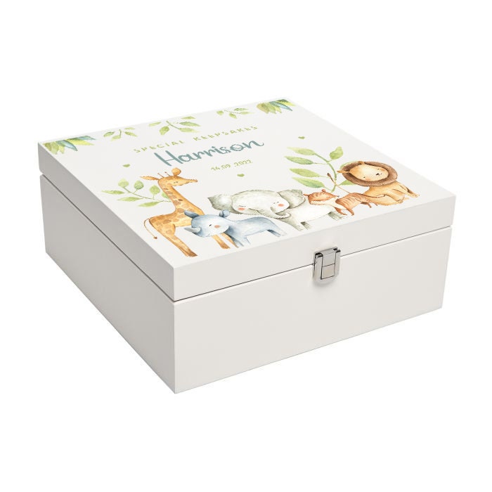 Luxury Personalised Baby Keepsake Memory Box, Safari Elephant Lion Giraffe Design, Baby box, Wooden Box,   Birth Stats