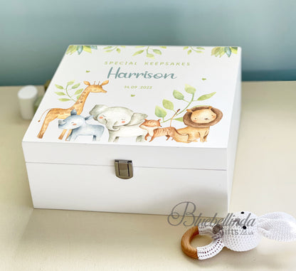 Luxury Personalised Baby Keepsake Memory Box, Safari Elephant Lion Giraffe Design, Baby box, Wooden Box,   Birth Stats