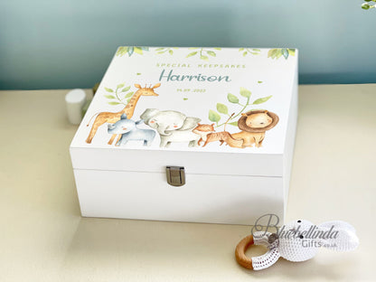 Luxury Personalised Baby Keepsake Memory Box, Safari Elephant Lion Giraffe Design, Baby box, Wooden Box,   Birth Stats