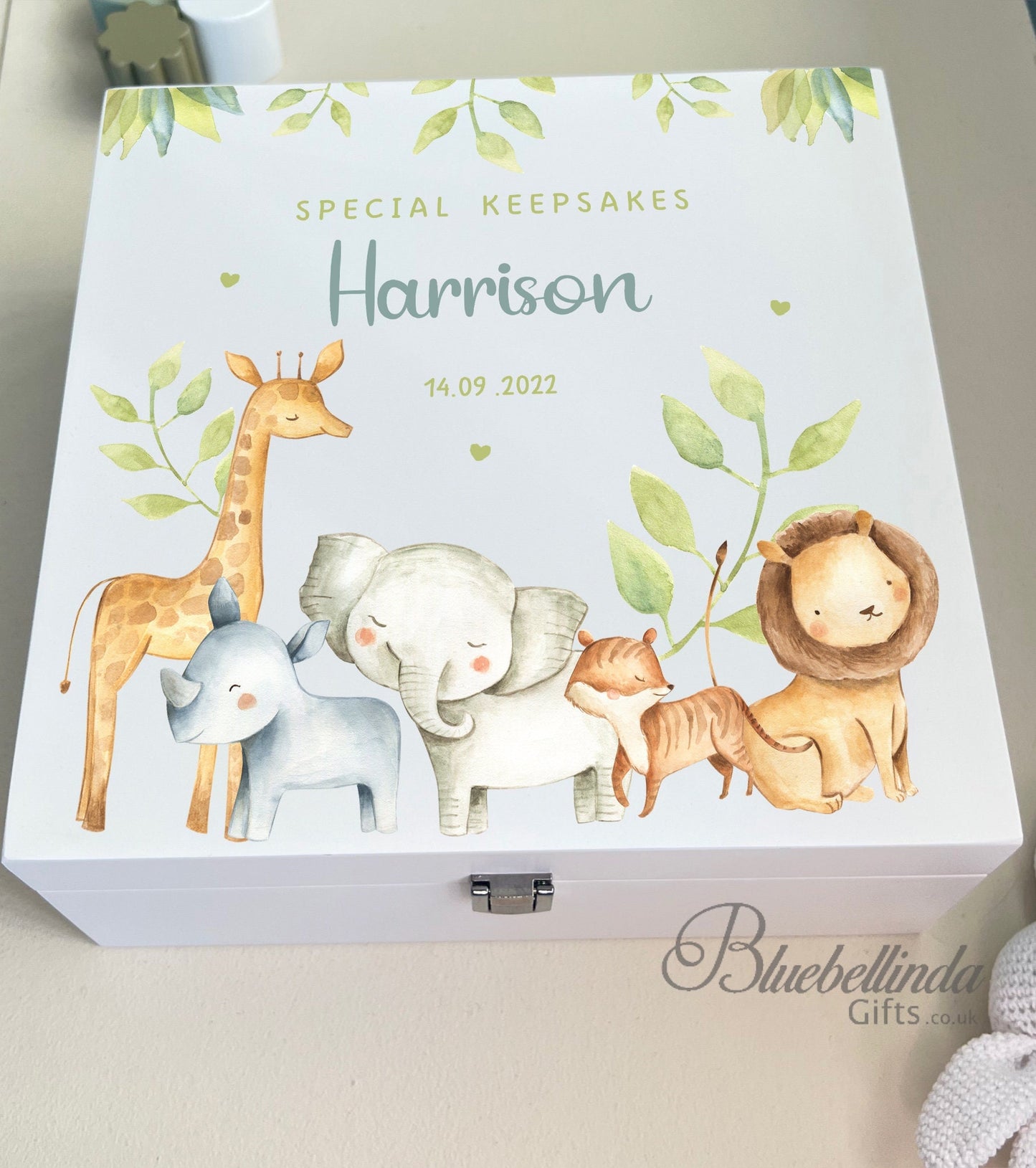 Luxury Personalised Baby Keepsake Memory Box, Safari Elephant Lion Giraffe Design, Baby box, Wooden Box,   Birth Stats