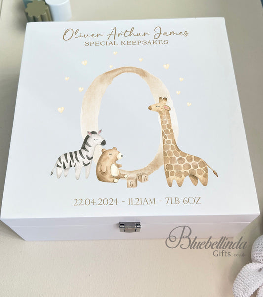 Luxury Personalised Baby Keepsake Memory Box, Brown animal friend alphabet Design, Baby box, Wooden Box,   Birth Stats, Bluebellinda Gifts