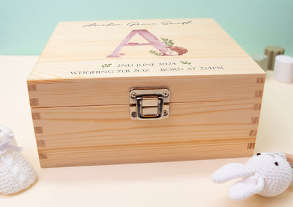 Luxury Baby Keepsake Box Pink - Personalised Pink Initial Woodland Animals White Wooden Keepsake Box - newborn keepsake box Bluebellinda