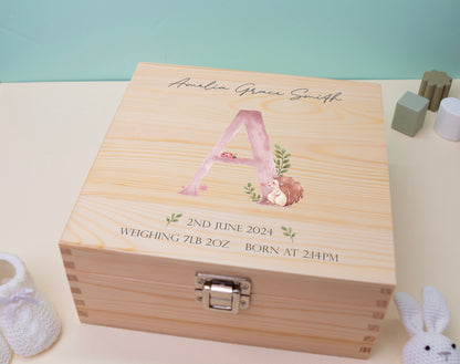 Luxury Baby Keepsake Box Pink - Personalised Pink Initial Woodland Animals White Wooden Keepsake Box - newborn keepsake box Bluebellinda