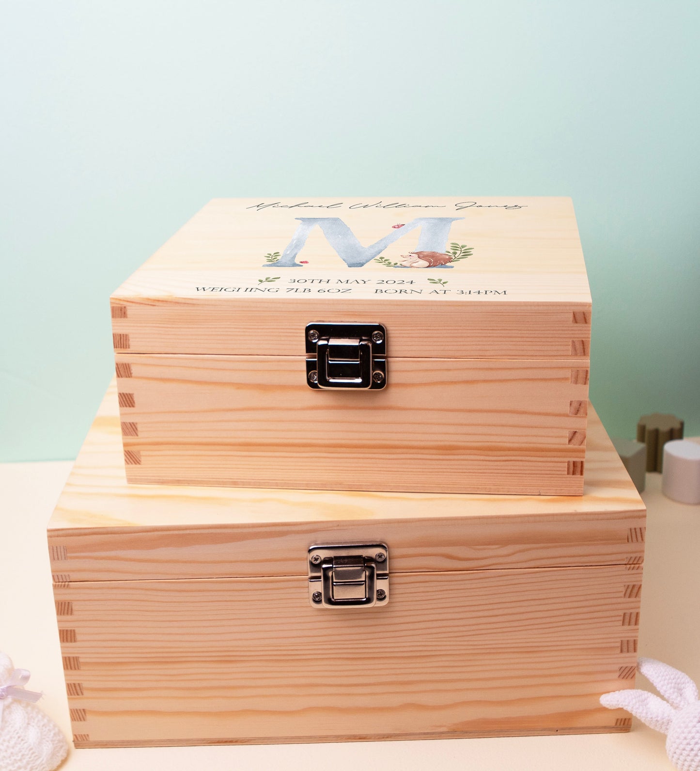 Luxury Baby Keepsake Box Blue - Personalised Blue Initial Woodland Animals White Wooden Keepsake Box - newborn keepsake box Bluebellinda