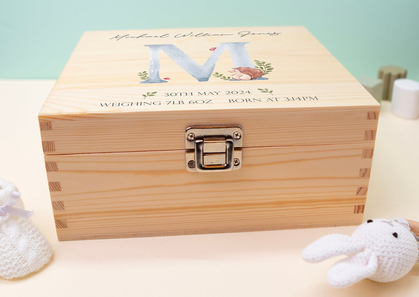 Luxury Baby Keepsake Box Blue - Personalised Blue Initial Woodland Animals White Wooden Keepsake Box - newborn keepsake box Bluebellinda