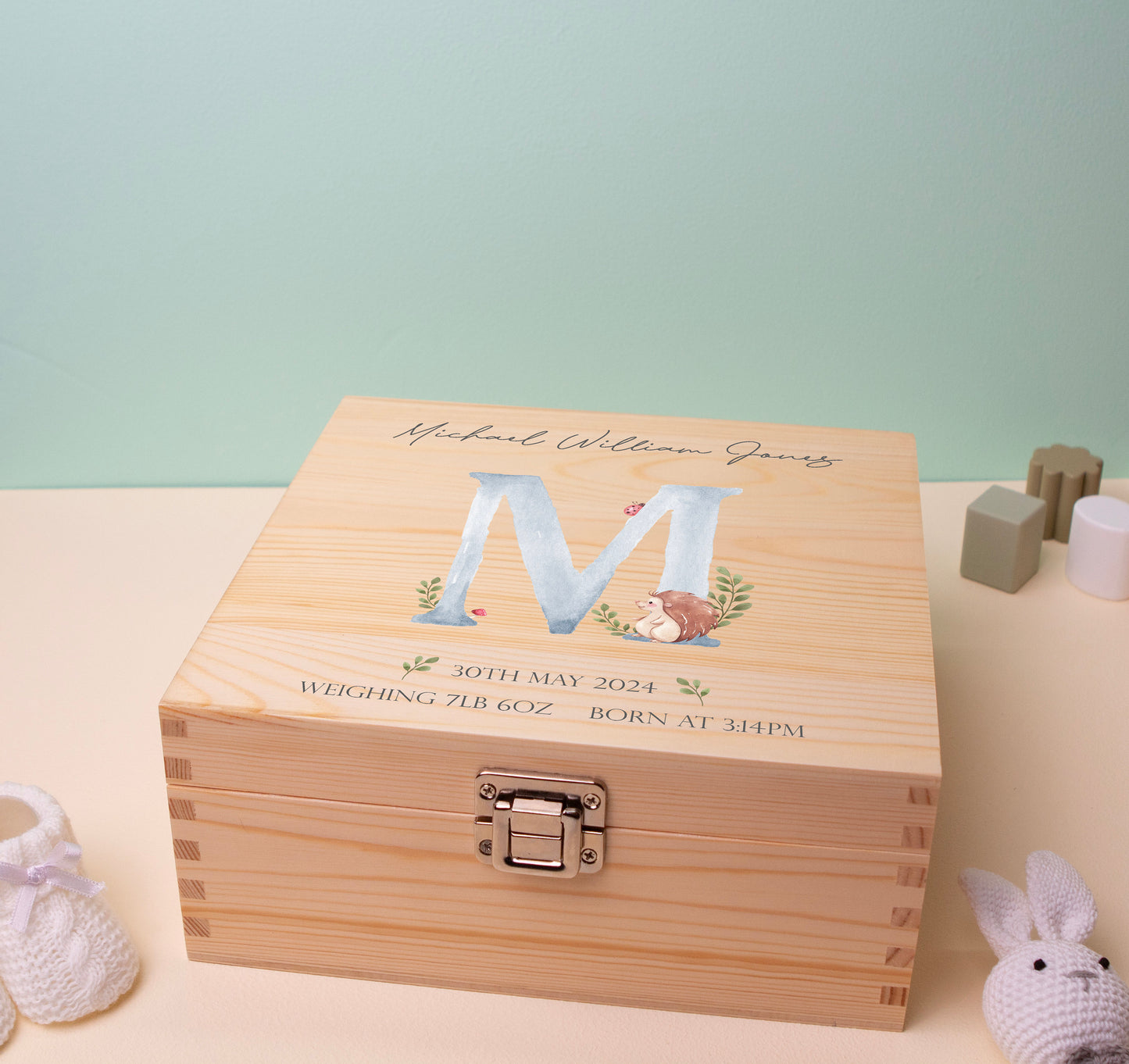 Luxury Baby Keepsake Box Blue - Personalised Blue Initial Woodland Animals White Wooden Keepsake Box - newborn keepsake box Bluebellinda