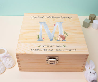 Luxury Baby Keepsake Box Blue - Personalised Blue Initial Woodland Animals White Wooden Keepsake Box - newborn keepsake box Bluebellinda