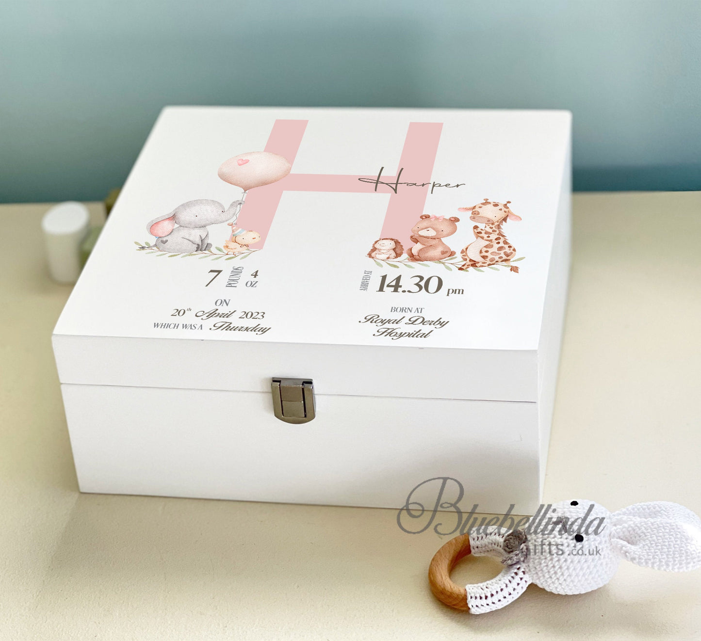 Luxury Personalised Baby Keepsake Memory Box, pink animal friends Design, Baby box, Wooden Box,   Birth Stats, Bluebellinda Gifts