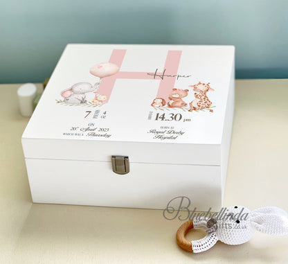 Luxury Personalised Baby Keepsake Memory Box, pink animal friends Design, Baby box, Wooden Box,   Birth Stats, Bluebellinda Gifts