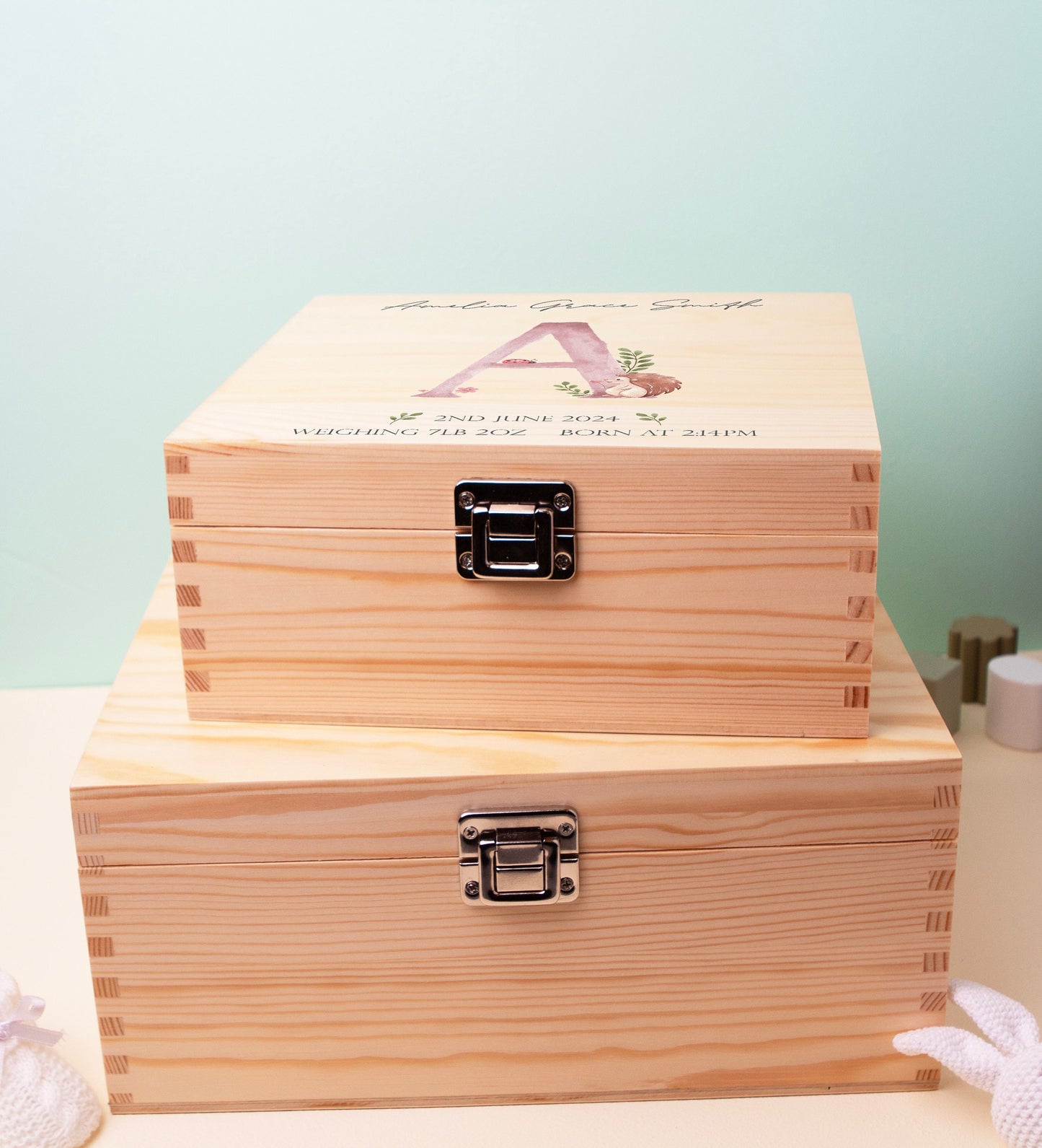 Luxury Baby Keepsake Box Pink - Personalised Pink Initial Woodland Animals White Wooden Keepsake Box - newborn keepsake box Bluebellinda
