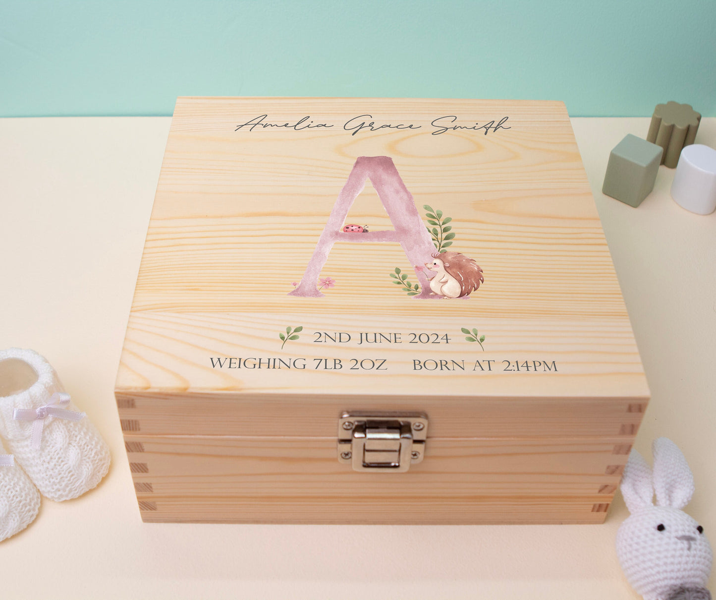 Luxury Baby Keepsake Box Pink - Personalised Pink Initial Woodland Animals White Wooden Keepsake Box - newborn keepsake box Bluebellinda
