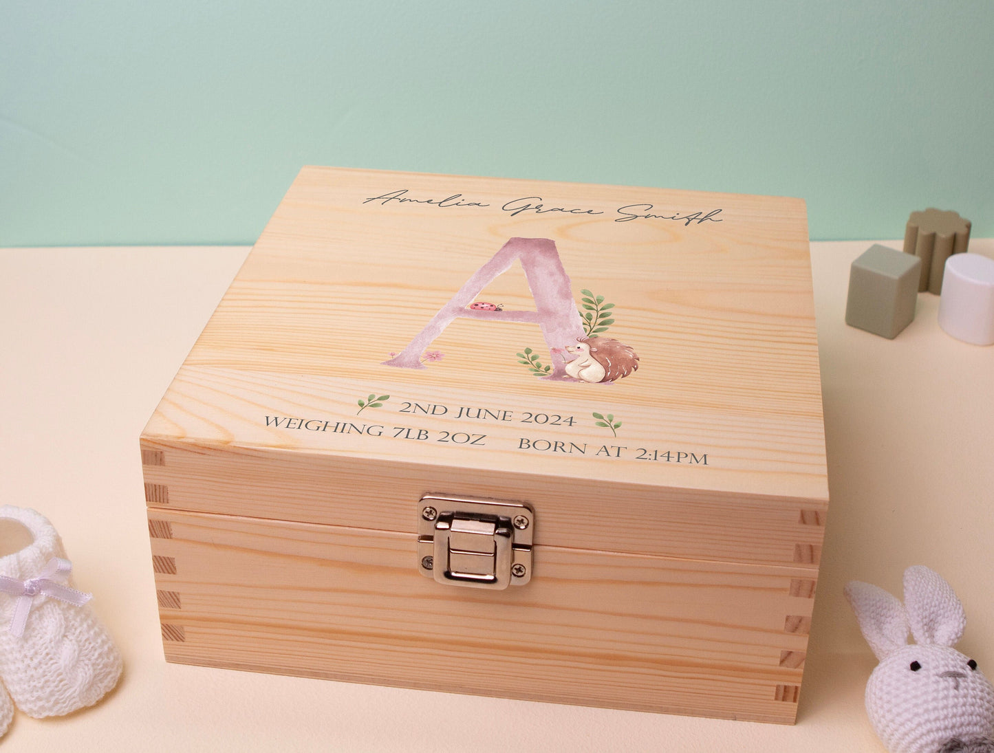 Luxury Baby Keepsake Box Pink - Personalised Pink Initial Woodland Animals White Wooden Keepsake Box - newborn keepsake box Bluebellinda
