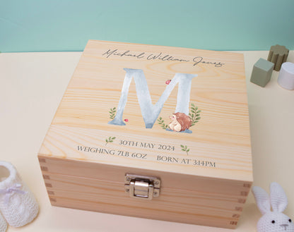 Luxury Baby Keepsake Box Blue - Personalised Blue Initial Woodland Animals White Wooden Keepsake Box - newborn keepsake box Bluebellinda