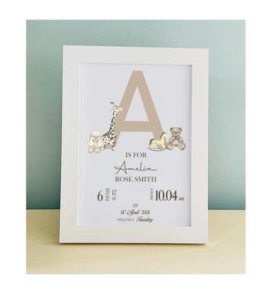 Personalised Baby Gift - Personalised Baby Print Brown Initial Bear Animals Picture White Frame Print - Newborn Keepsake - bluebellindagifts